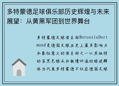 多特蒙德足球俱乐部历史辉煌与未来展望：从黄黑军团到世界舞台