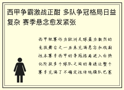 西甲争霸激战正酣 多队争冠格局日益复杂 赛季悬念愈发紧张