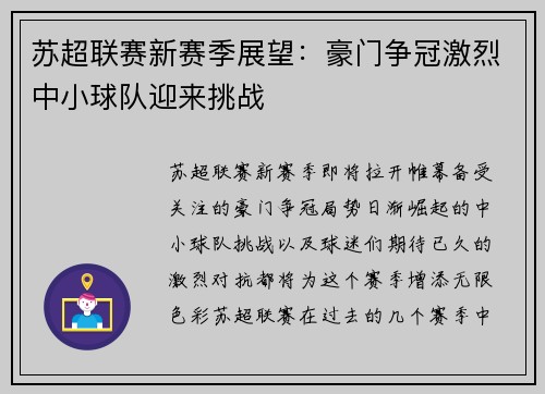 苏超联赛新赛季展望：豪门争冠激烈中小球队迎来挑战